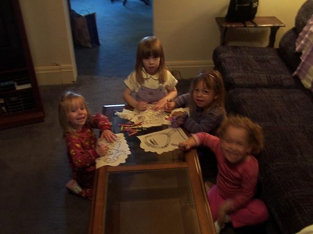 Busy coloring: Carrie, Emma, Desiree, and Jasmine