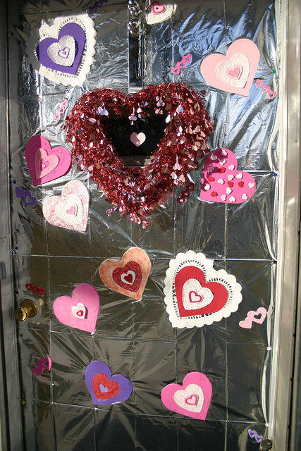 The door decorated for Valentine's Day