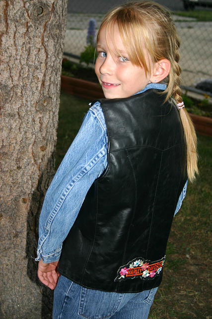 Carrie showing off my leather vest
