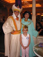 Carrie with Jasmine and Aladdin at the Disney Princess Breakfast